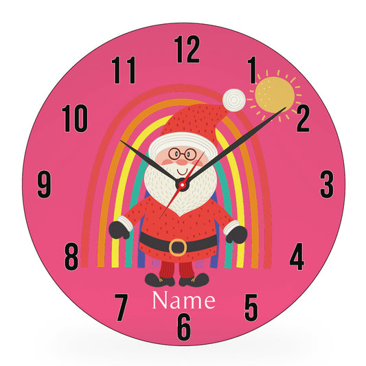 Personalized kids wall clock – rainbow Santa Christmas pink design | myartworkplate.com