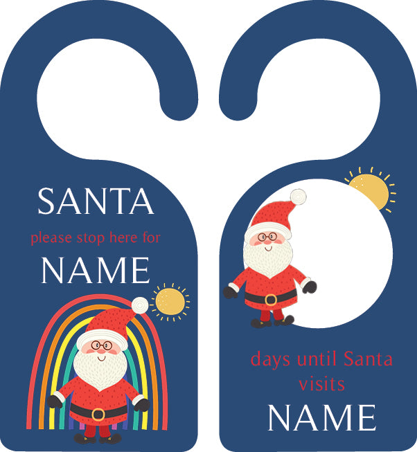 Personalized kids door hanger – rainbow Santa Christmas blue design | myartworkplate.com