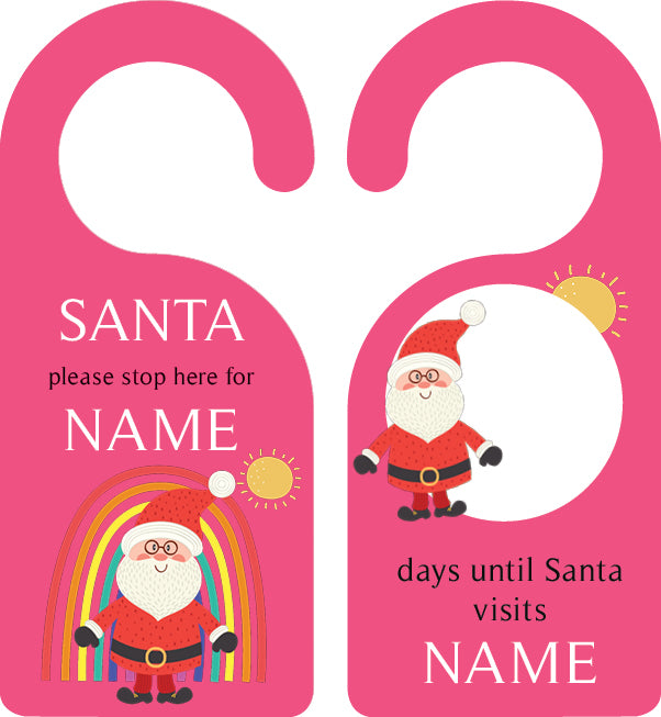 Personalized kids door hanger – rainbow Santa Christmas pink design | myartworkplate.com