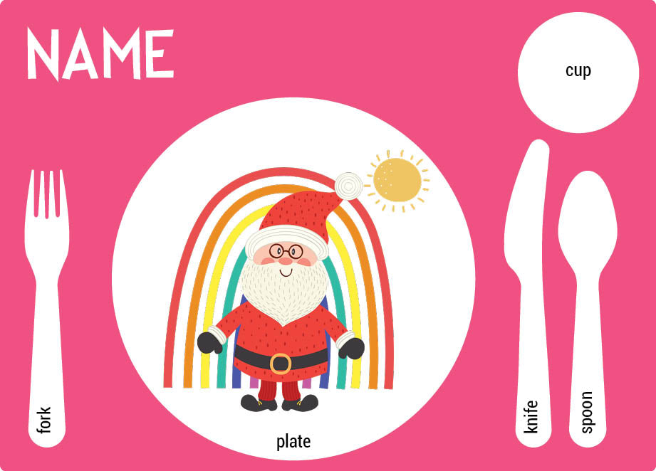 Personalized kids placemat – rainbow Santa Christmas pink design | myartworkplate.com