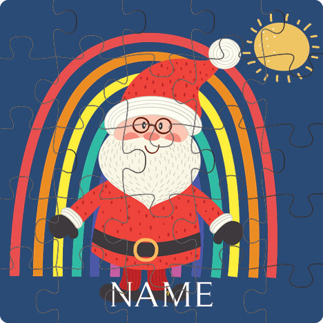 Personalized 25-piece kids jigsaw puzzle – rainbow Santa Christmas blue design | myartworkplate.com