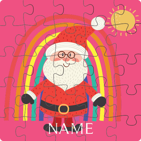 Personalized 25-piece kids jigsaw puzzle – rainbow Santa Christmas pink design | myartworkplate.com