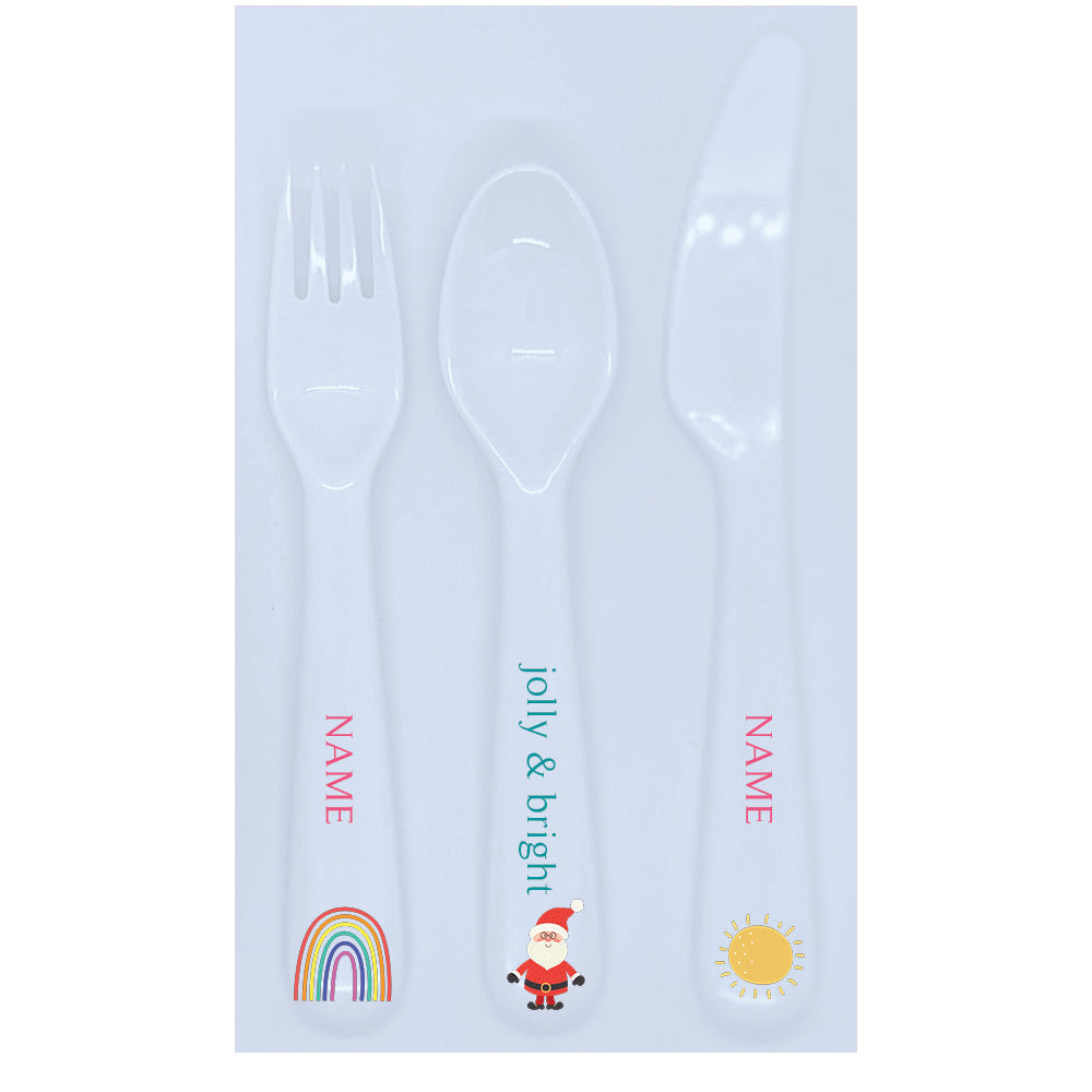 Personalized kids utensil set – rainbow Santa Christmas pink design | myartworkplate.com