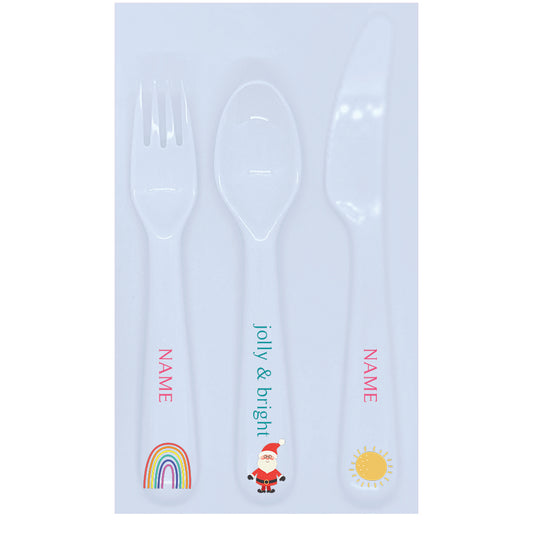 Personalized kids utensil set – rainbow Santa Christmas pink design | myartworkplate.com