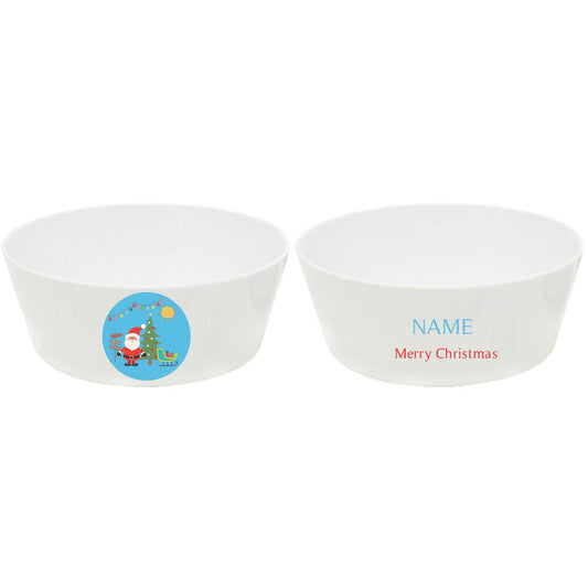 Personalized kids snack bowl – Santa's sleigh Christmas blue design | myartworkplate.com