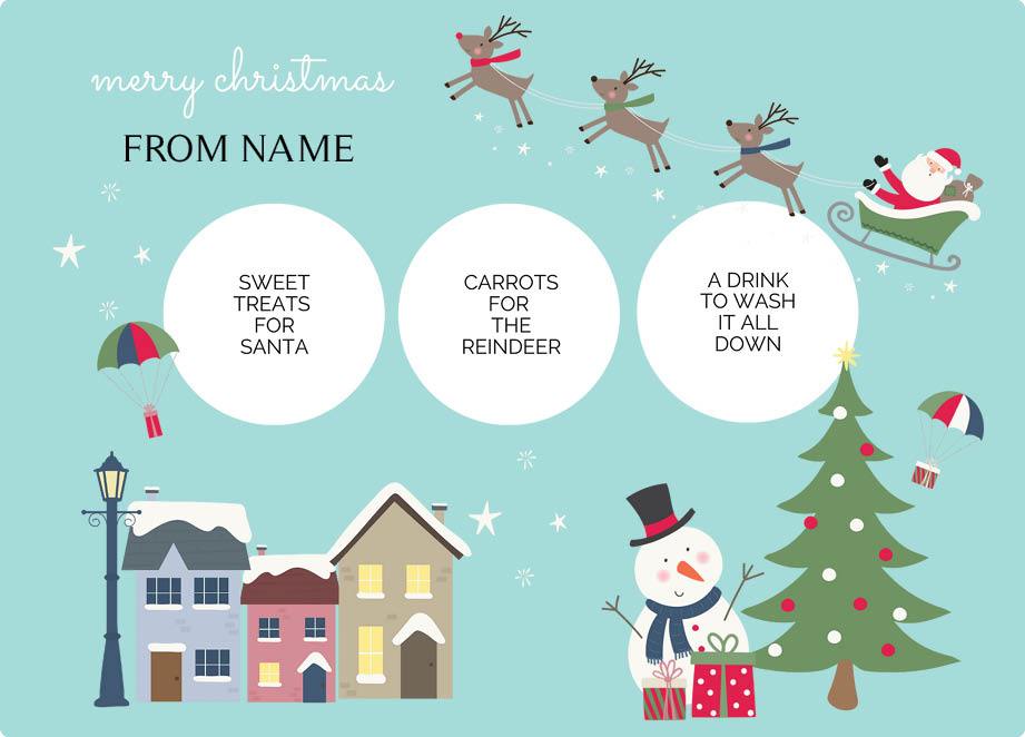 Personalized kids Christmas placemat and cup set – Christmas Eve village scene design | myartworkplate.com – front view