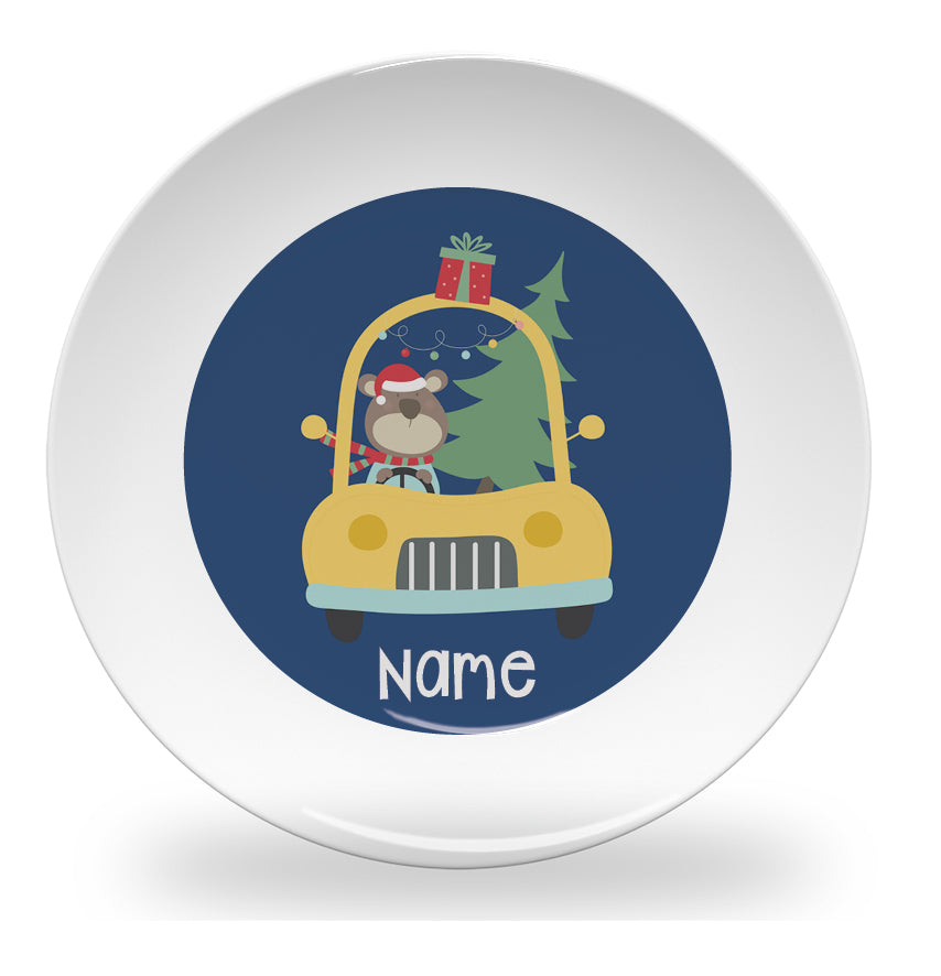 Personalized kids plate – driving home for Christmas festive design | myartworkplate.com
