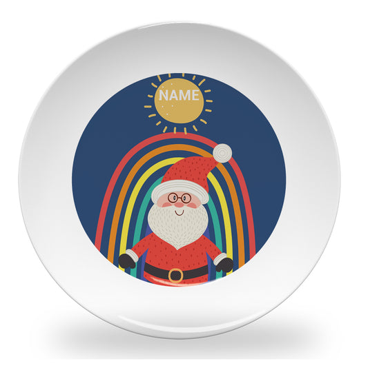 Personalized kids plate – rainbow Santa Christmas blue design | myartworkplate.com
