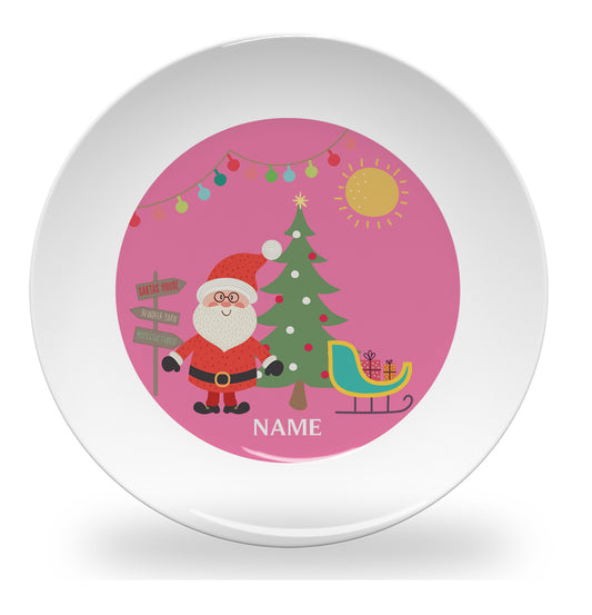 Personalized kids plate – Santa's sleigh Christmas pink design | myartworkplate.com