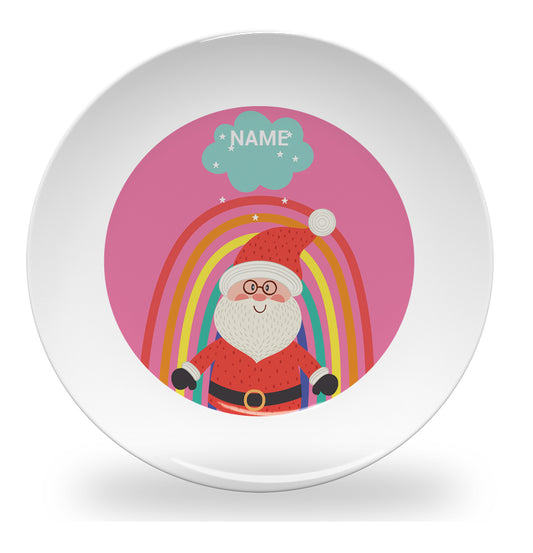 Personalized kids plate – rainbow Santa Christmas pink design | myartworkplate.com