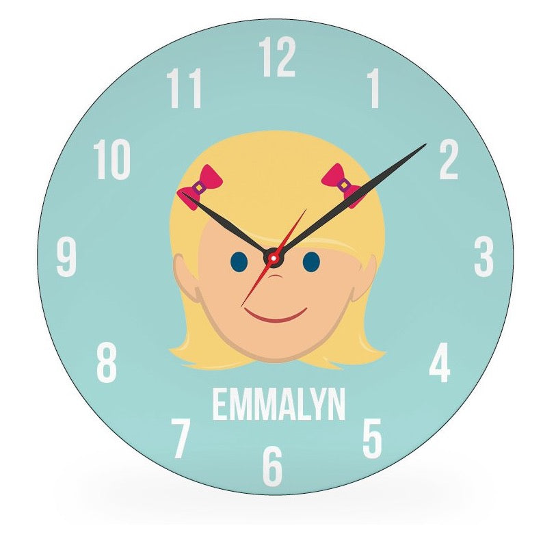 Personalized kids wall clock – personalised girl face with custom name | myartworkplate.com