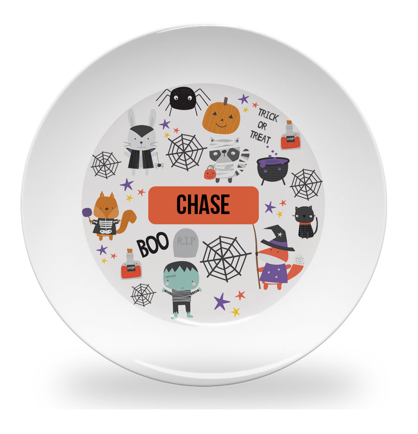 Personalized kids plate – mixed Halloween characters design | myartworkplate.com