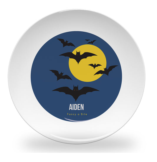 Personalized kids plate – Halloween bats design | myartworkplate.com