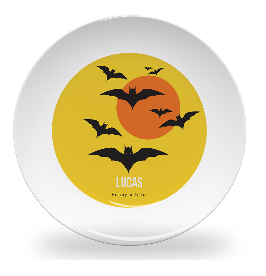 Personalized kids plate – Halloween bats design | myartworkplate.com – front view