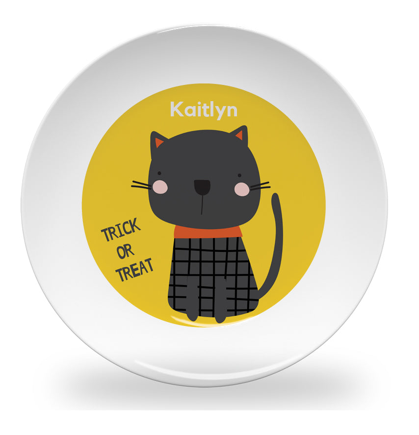 Personalized kids plate – Halloween black cat design | myartworkplate.com