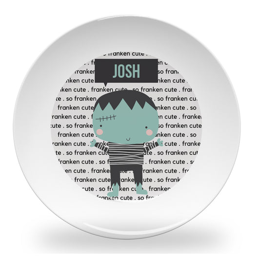 Personalized kids plate – Halloween cute Frankenstein design | myartworkplate.com