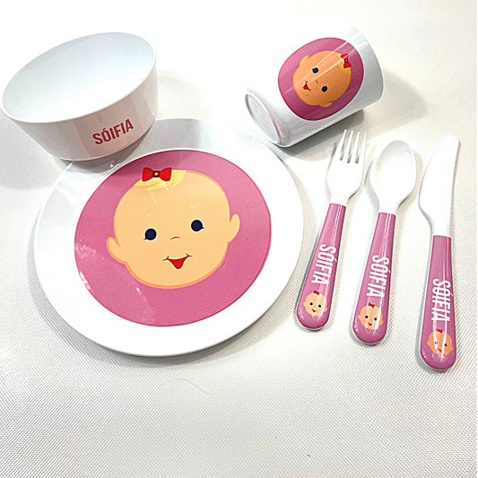 6-piece personalized kids mealtime set – personalised baby face with custom name | myartworkplate.com