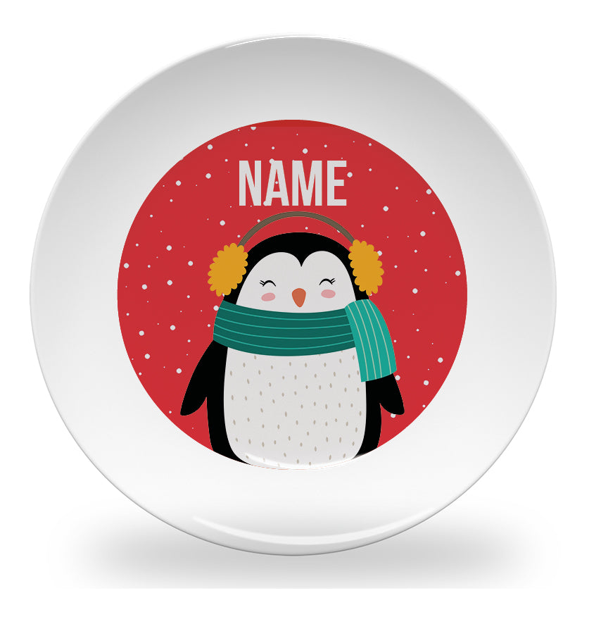 Personalized kids plate – penguin in snow Christmas design with name | myartworkplate.com