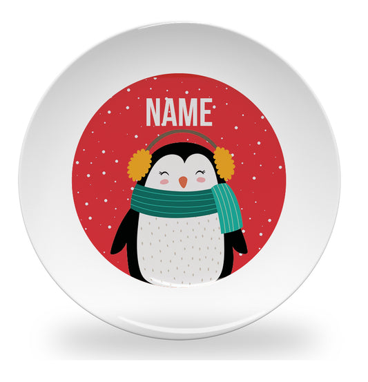 Personalized kids plate – penguin in snow Christmas design with name | myartworkplate.com