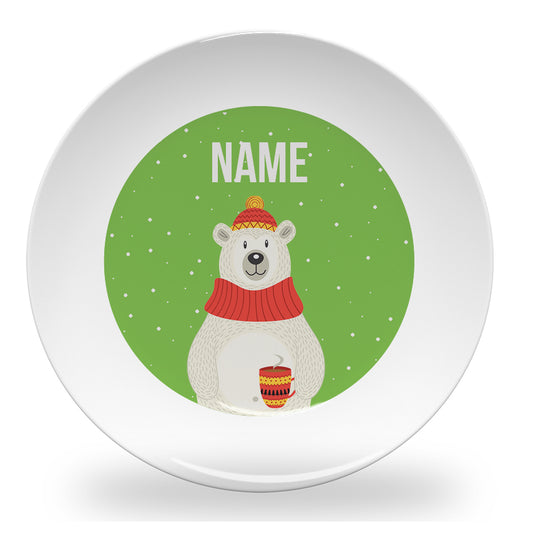 Personalized kids plate – polar bear in snow Christmas design | myartworkplate.com