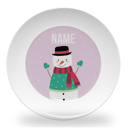 Personalized kids plate – snowman in snow Christmas design | myartworkplate.com