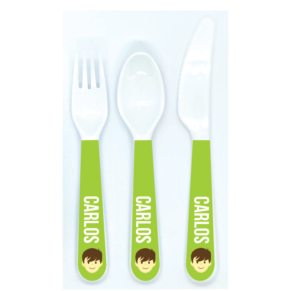 Personalized kids utensil set – personalised boy face with custom name | myartworkplate.com