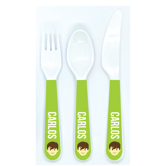 Personalized kids utensil set – personalised boy face with custom name | myartworkplate.com
