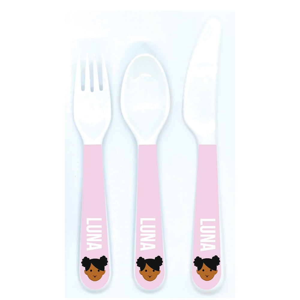 Personalized kids utensil set – personalised girl face with custom name | myartworkplate.com