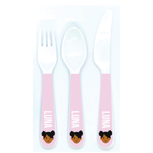 Personalized kids utensil set – personalised girl face with custom name | myartworkplate.com